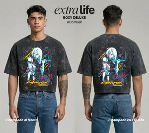 Playera streetwear premium de anime y gaming ExtraLife MX, corte boxy deluxe mineral wash heavyweight en color Acid Wash, moda urbana mexicana de culto.