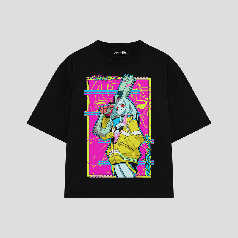 Playera streetwear premium de anime y gaming ExtraLife MX, corte boxy oversized drop shoulder heavyweight en color Deep Black y Off-White, moda urbana mexicana de culto.