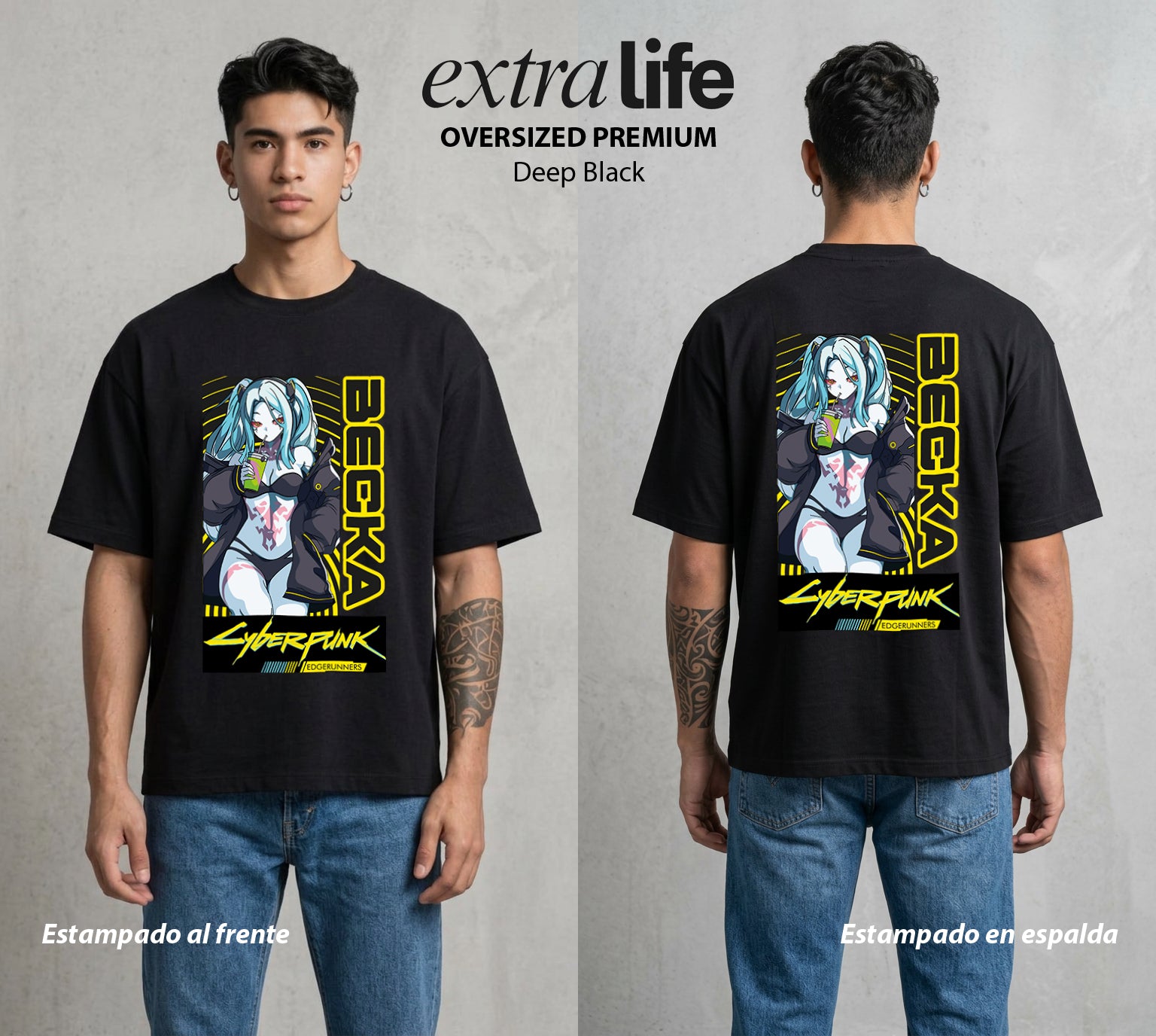 Los Corredores del Filo | La Energia del Grupo #00550 - Playera Oversized Premium | Deep Black - Foto en modelo