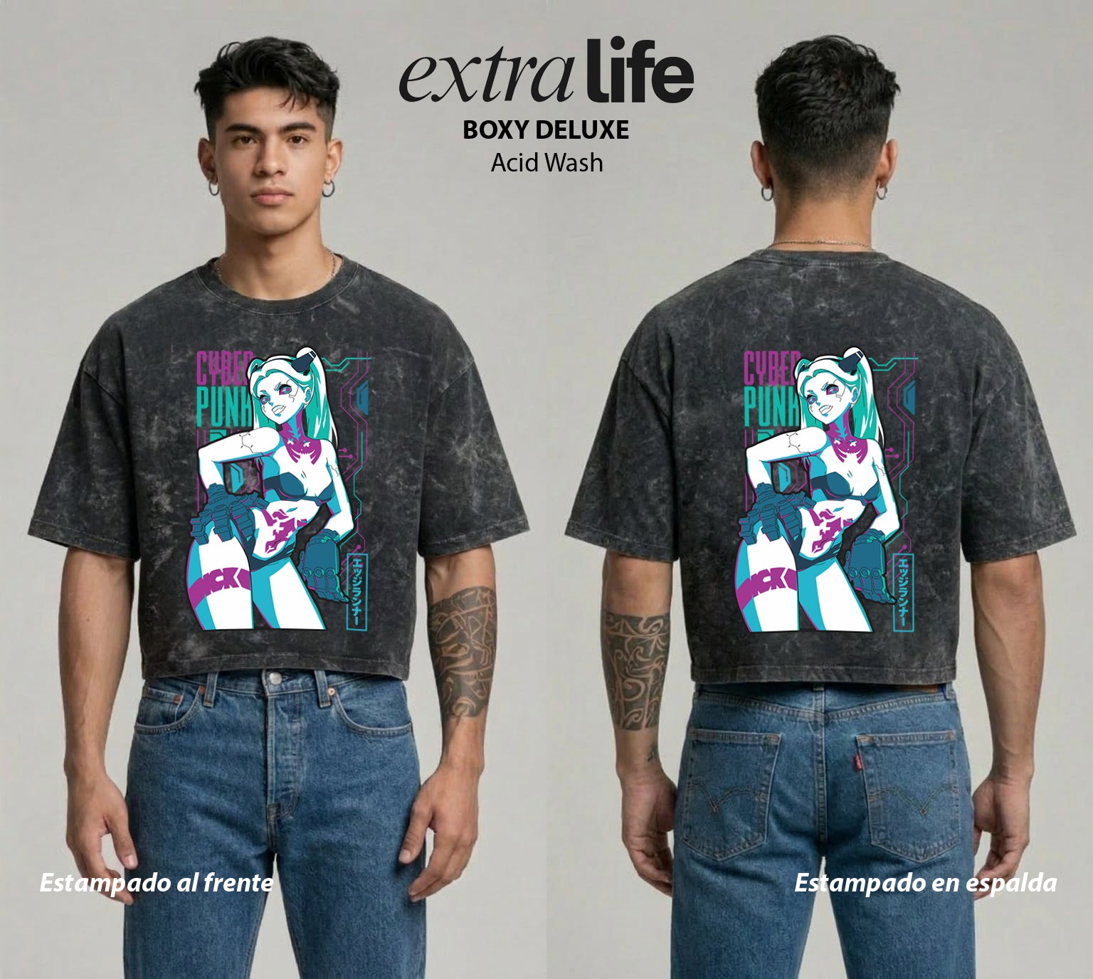 Playera streetwear premium de anime y gaming ExtraLife MX, corte boxy deluxe mineral wash heavyweight en color Acid Wash, moda urbana mexicana de culto.