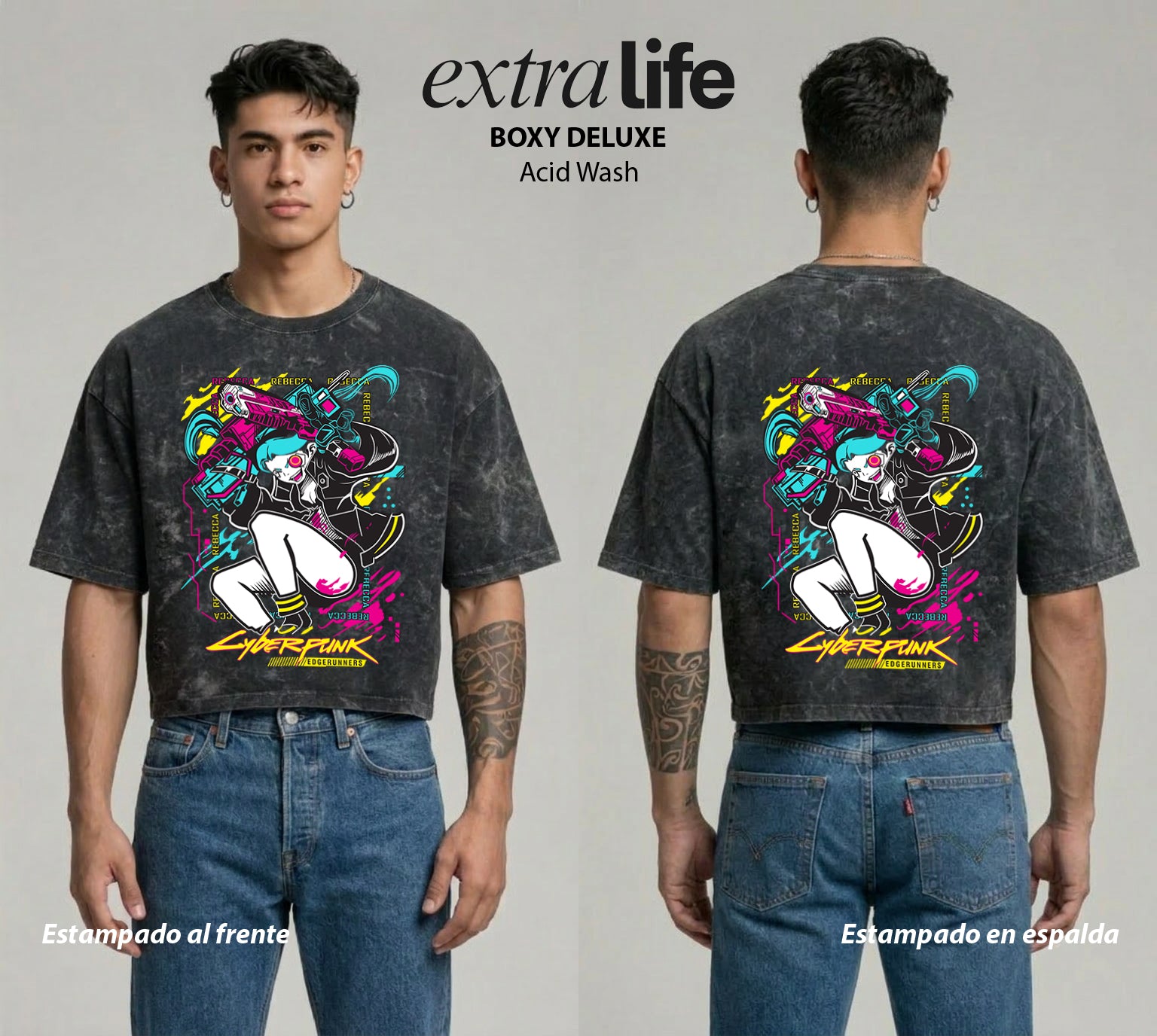 Playera streetwear premium de anime y gaming ExtraLife MX, corte boxy deluxe mineral wash heavyweight en color Acid Wash, moda urbana mexicana de culto.