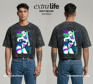 Playera streetwear premium de anime y gaming ExtraLife MX, corte boxy deluxe mineral wash heavyweight en color Acid Wash, moda urbana mexicana de culto.