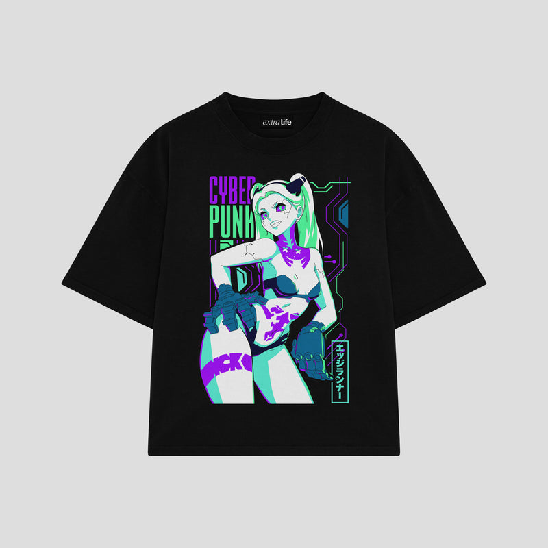 Playera streetwear premium de anime y gaming ExtraLife MX, corte boxy oversized drop shoulder heavyweight en color Deep Black y Off-White, moda urbana mexicana de culto.