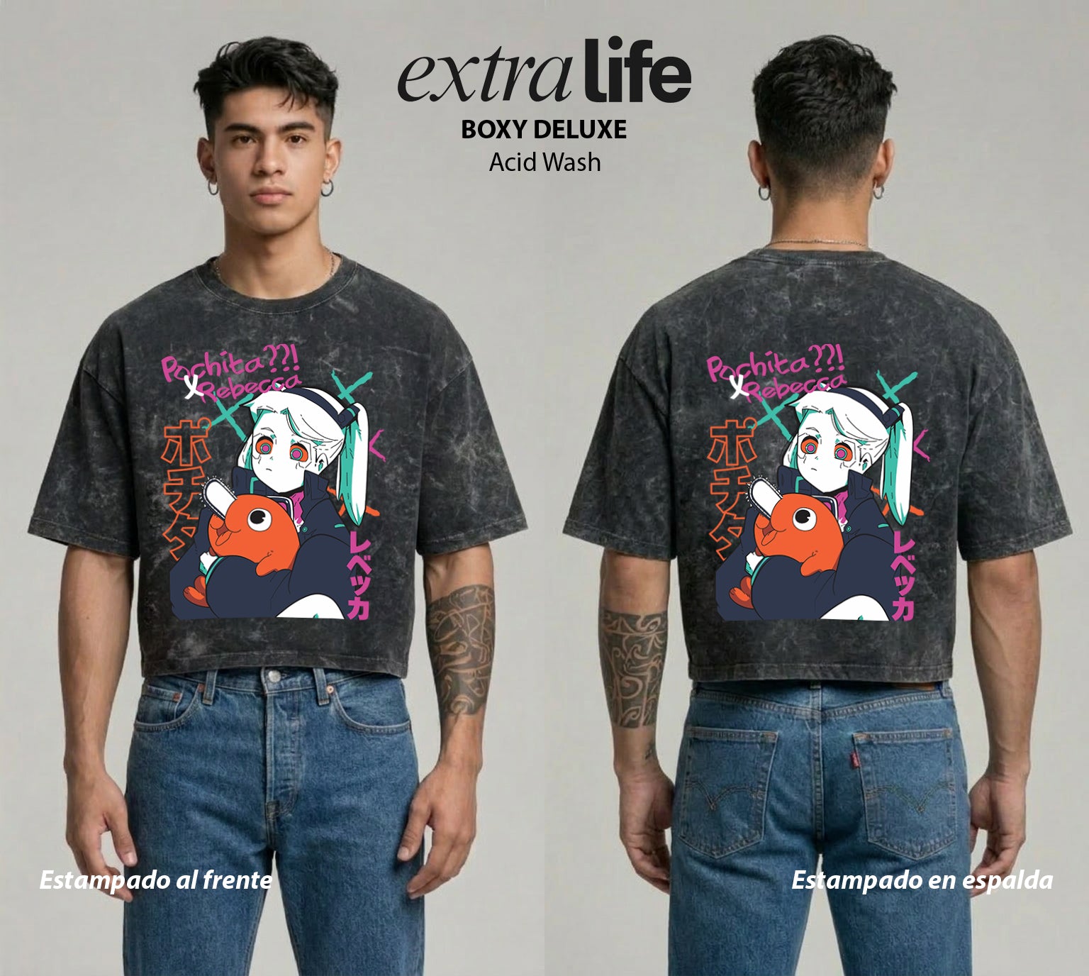 Playera streetwear premium de anime y gaming ExtraLife MX, corte boxy deluxe mineral wash heavyweight en color Acid Wash, moda urbana mexicana de culto.