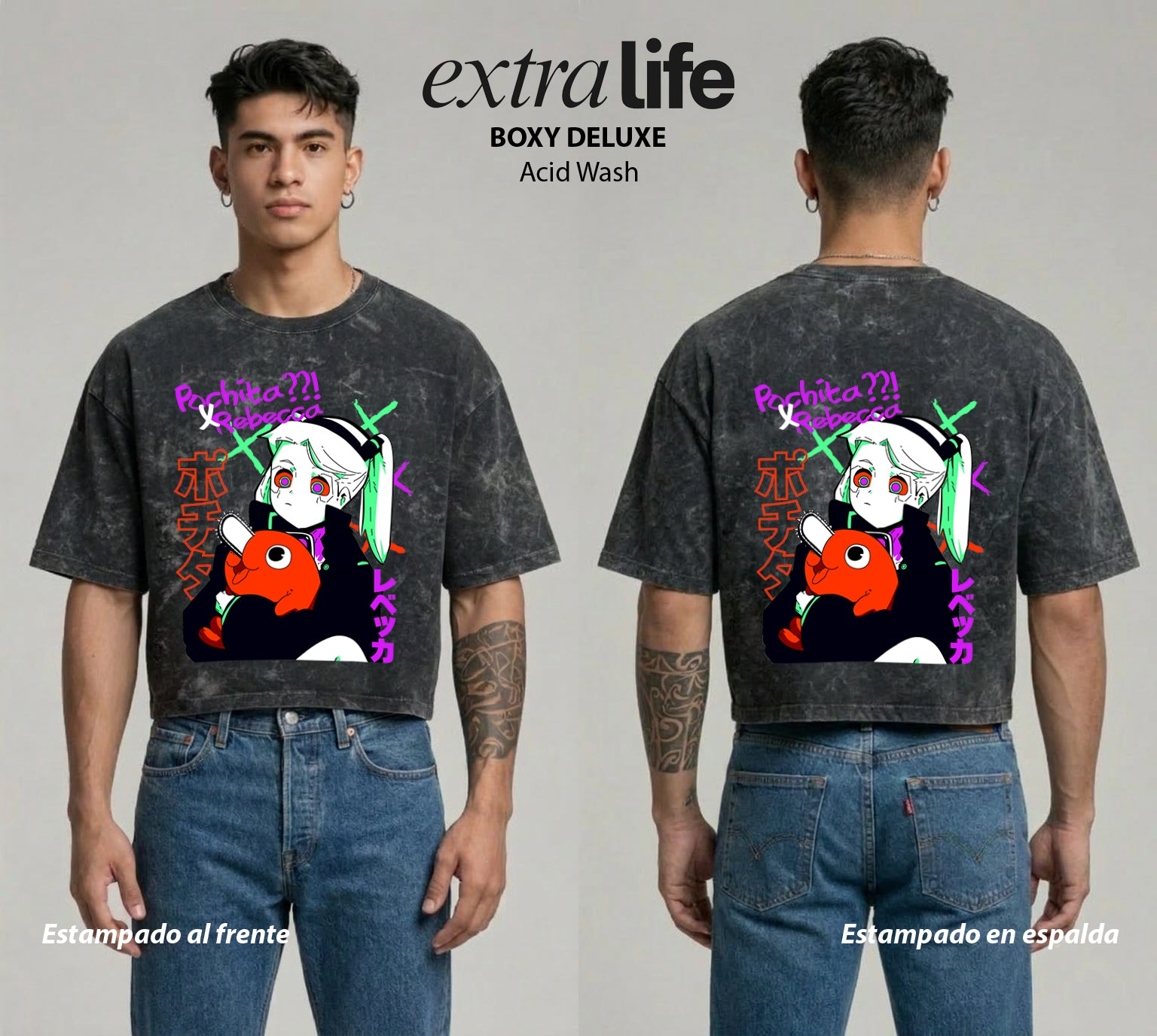 Playera streetwear premium de anime y gaming ExtraLife MX, corte boxy deluxe mineral wash heavyweight en color Acid Wash, moda urbana mexicana de culto.