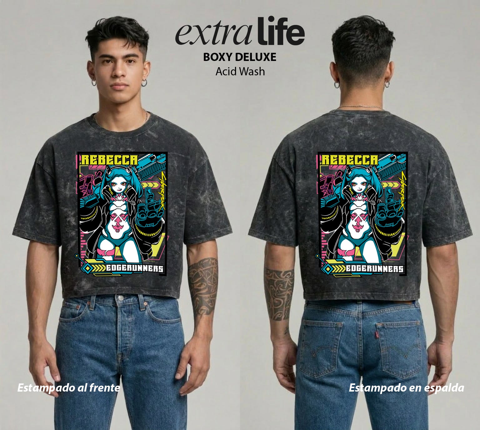 Playera streetwear premium de anime y gaming ExtraLife MX, corte boxy deluxe mineral wash heavyweight en color Acid Wash, moda urbana mexicana de culto.