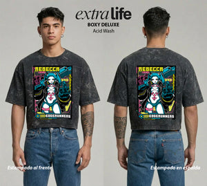 Playera streetwear premium de anime y gaming ExtraLife MX, corte boxy deluxe mineral wash heavyweight en color Acid Wash, moda urbana mexicana de culto.