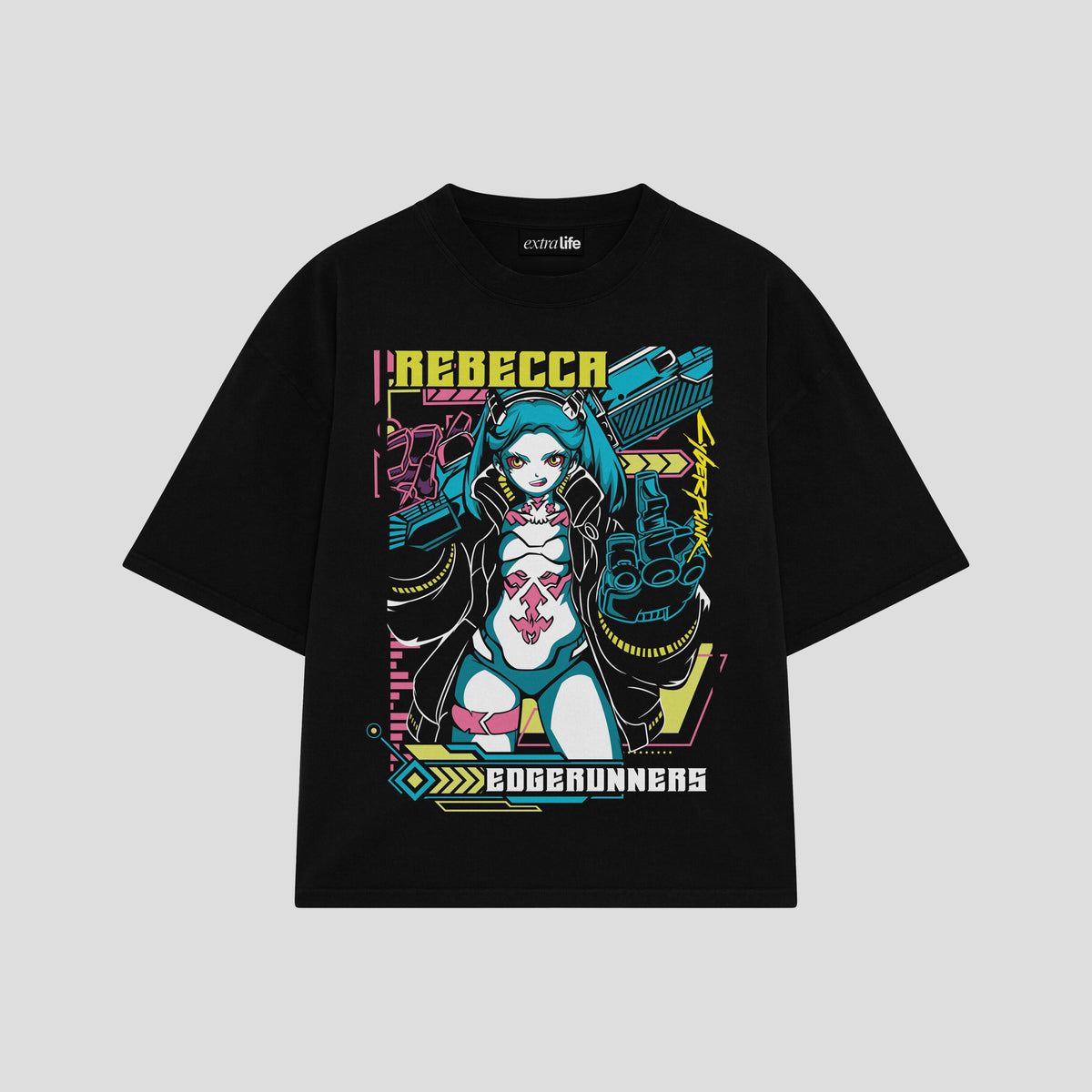 Playera streetwear premium de anime y gaming ExtraLife MX, corte oversized drop shoulder ligero y fresco en color Deep Black y Off-White, moda urbana mexicana de culto.
