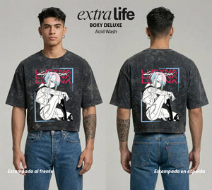Playera streetwear premium de anime y gaming ExtraLife MX, corte boxy deluxe mineral wash heavyweight en color Acid Wash, moda urbana mexicana de culto.