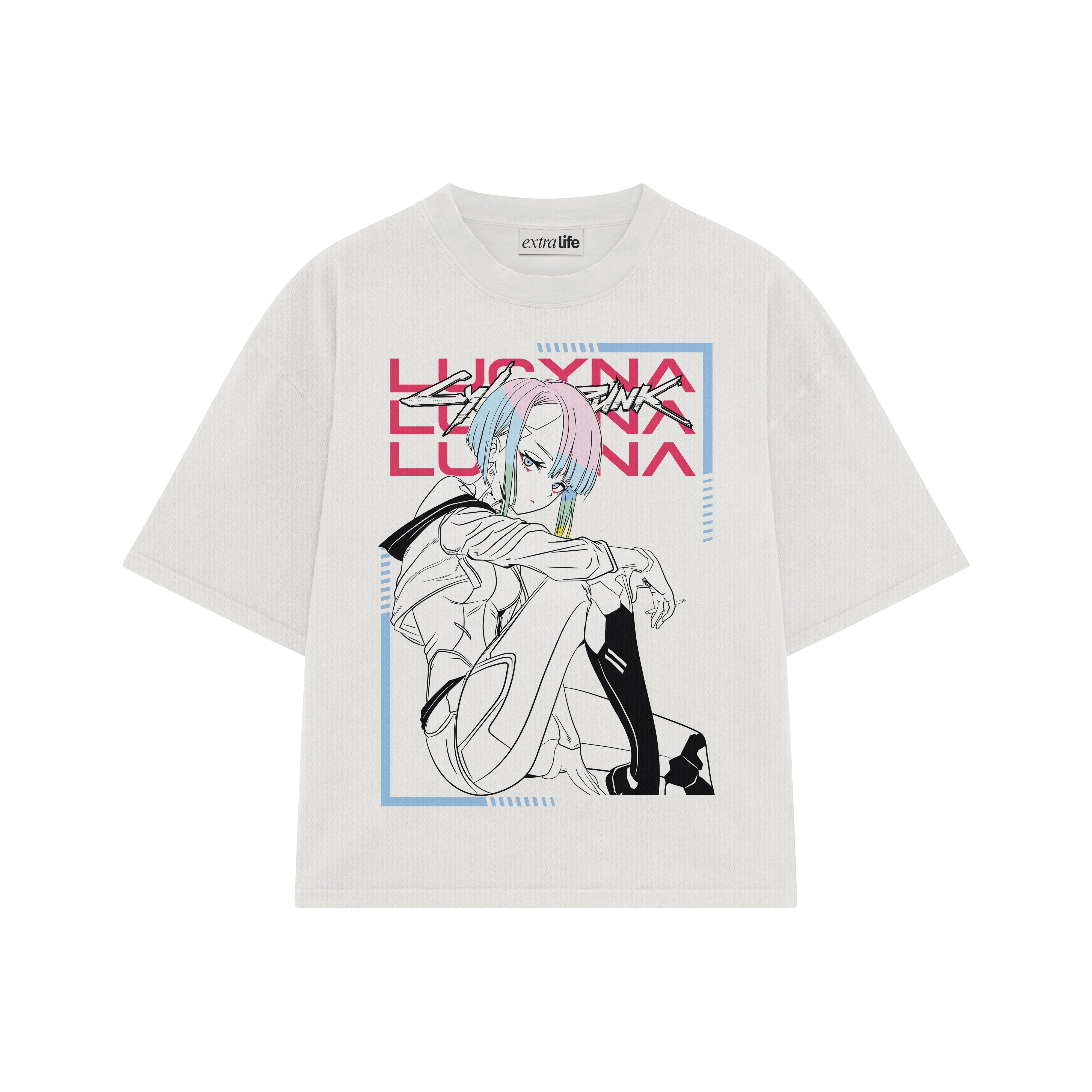 Playera streetwear premium de anime y gaming ExtraLife MX, corte boxy oversized drop shoulder heavyweight en color Deep Black y Off-White, moda urbana mexicana de culto.