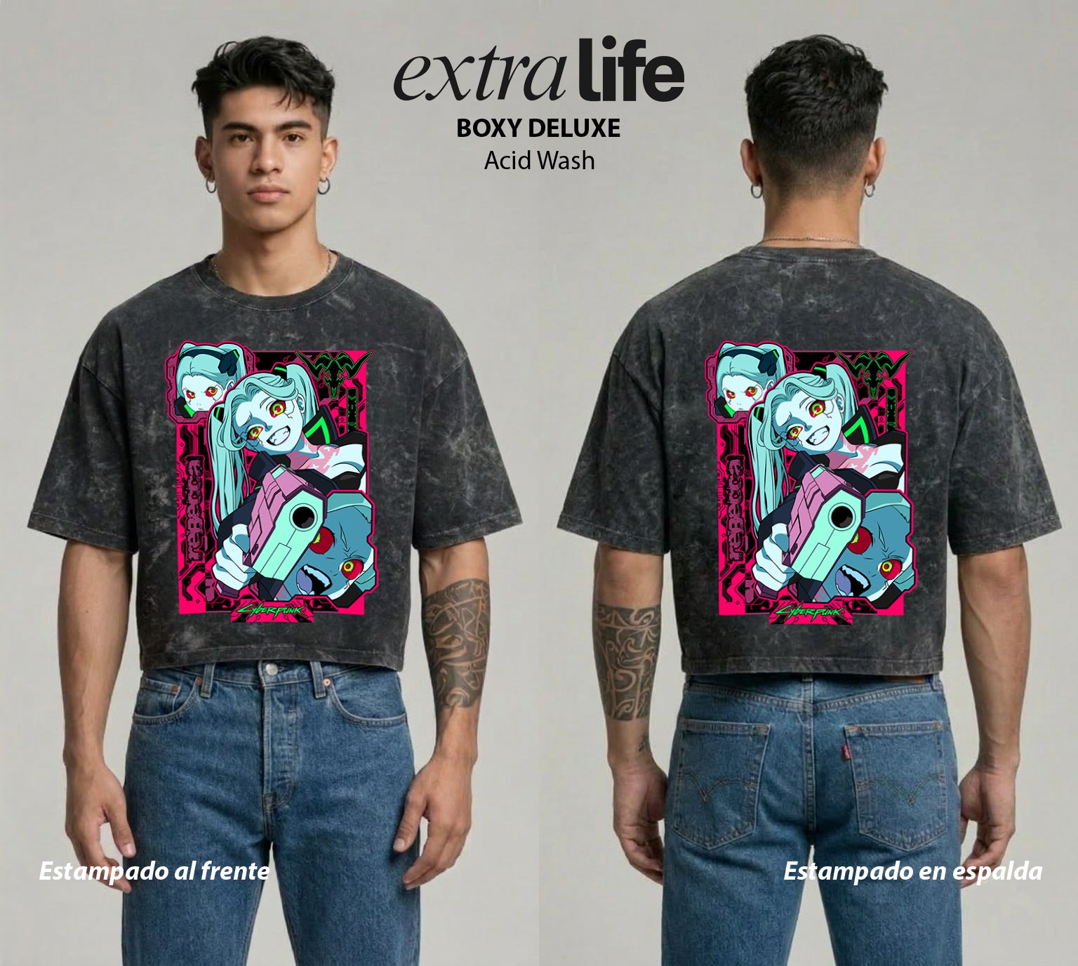 Playera streetwear premium de anime y gaming ExtraLife MX, corte boxy deluxe mineral wash heavyweight en color Acid Wash, moda urbana mexicana de culto.