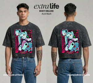 Playera streetwear premium de anime y gaming ExtraLife MX, corte boxy deluxe mineral wash heavyweight en color Acid Wash, moda urbana mexicana de culto.