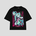 Playera streetwear premium de anime y gaming ExtraLife MX, corte boxy oversized drop shoulder heavyweight en color Deep Black y Off-White, moda urbana mexicana de culto.