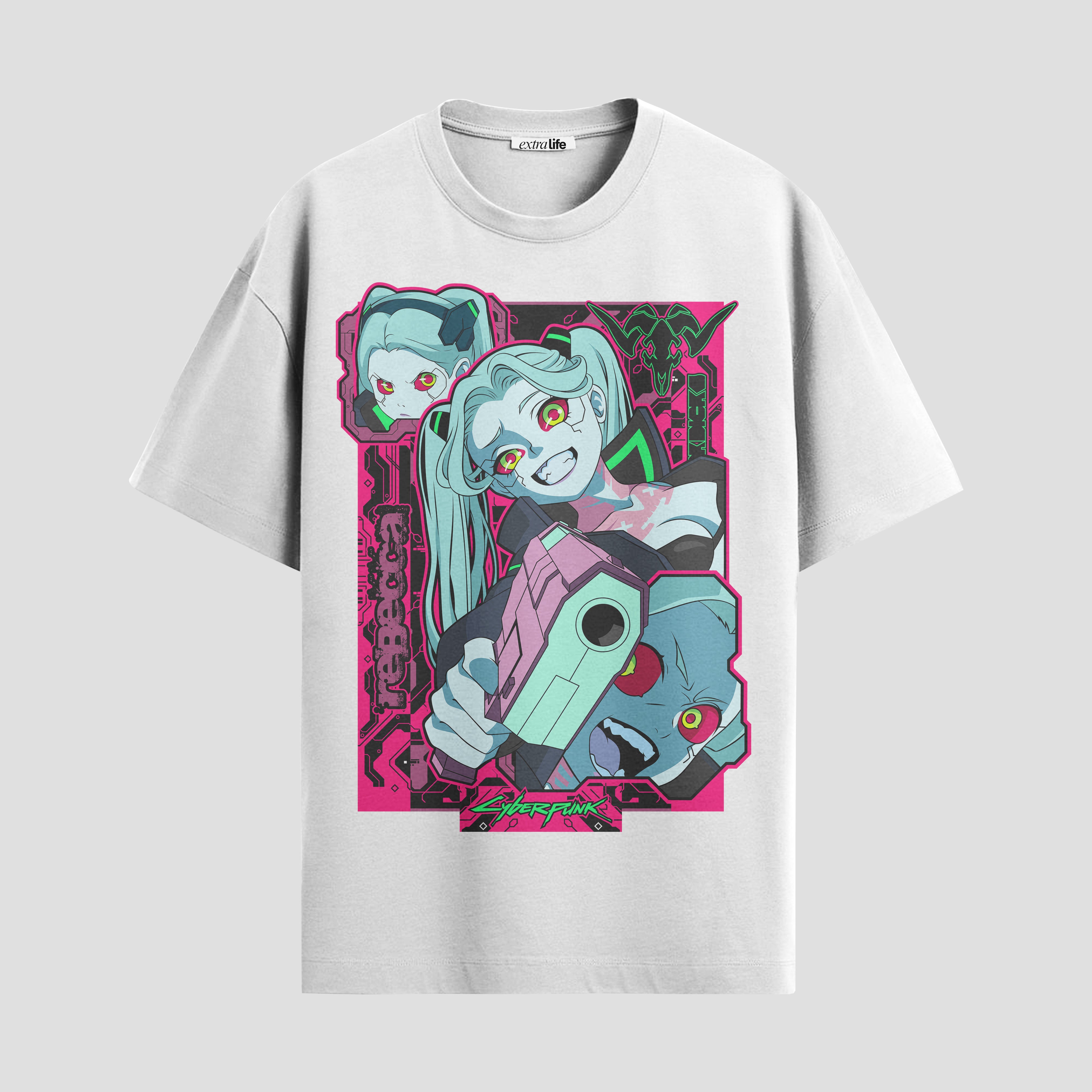 Playera urbana de anime y gaming ExtraLife MX, corte Standard Fit unisex ligero y transpirable en color Deep Black y Pure White, ropa de uso diario para gym y casual.