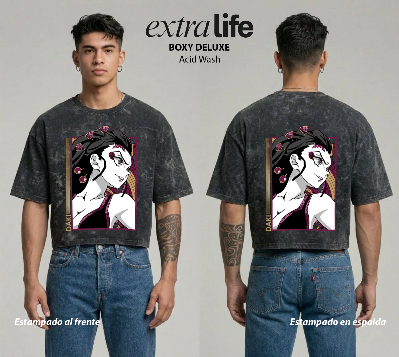 Playera streetwear premium de anime y gaming ExtraLife MX, corte boxy deluxe mineral wash heavyweight en color Acid Wash, moda urbana mexicana de culto.