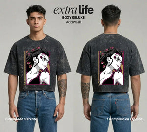 Playera streetwear premium de anime y gaming ExtraLife MX, corte boxy deluxe mineral wash heavyweight en color Acid Wash, moda urbana mexicana de culto.