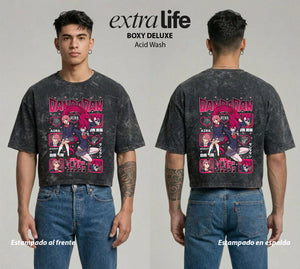 Playera streetwear premium de anime y gaming ExtraLife MX, corte boxy deluxe mineral wash heavyweight en color Acid Wash, moda urbana mexicana de culto.