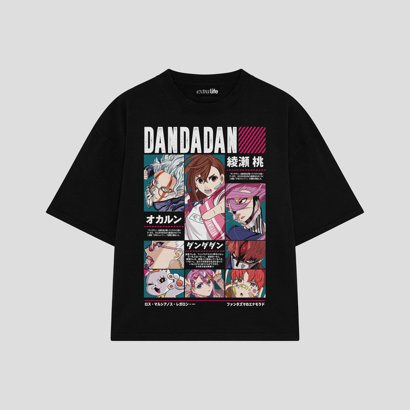 Playera streetwear premium de anime y gaming ExtraLife MX, corte boxy oversized drop shoulder heavyweight en color Deep Black y Off-White, moda urbana mexicana de culto.