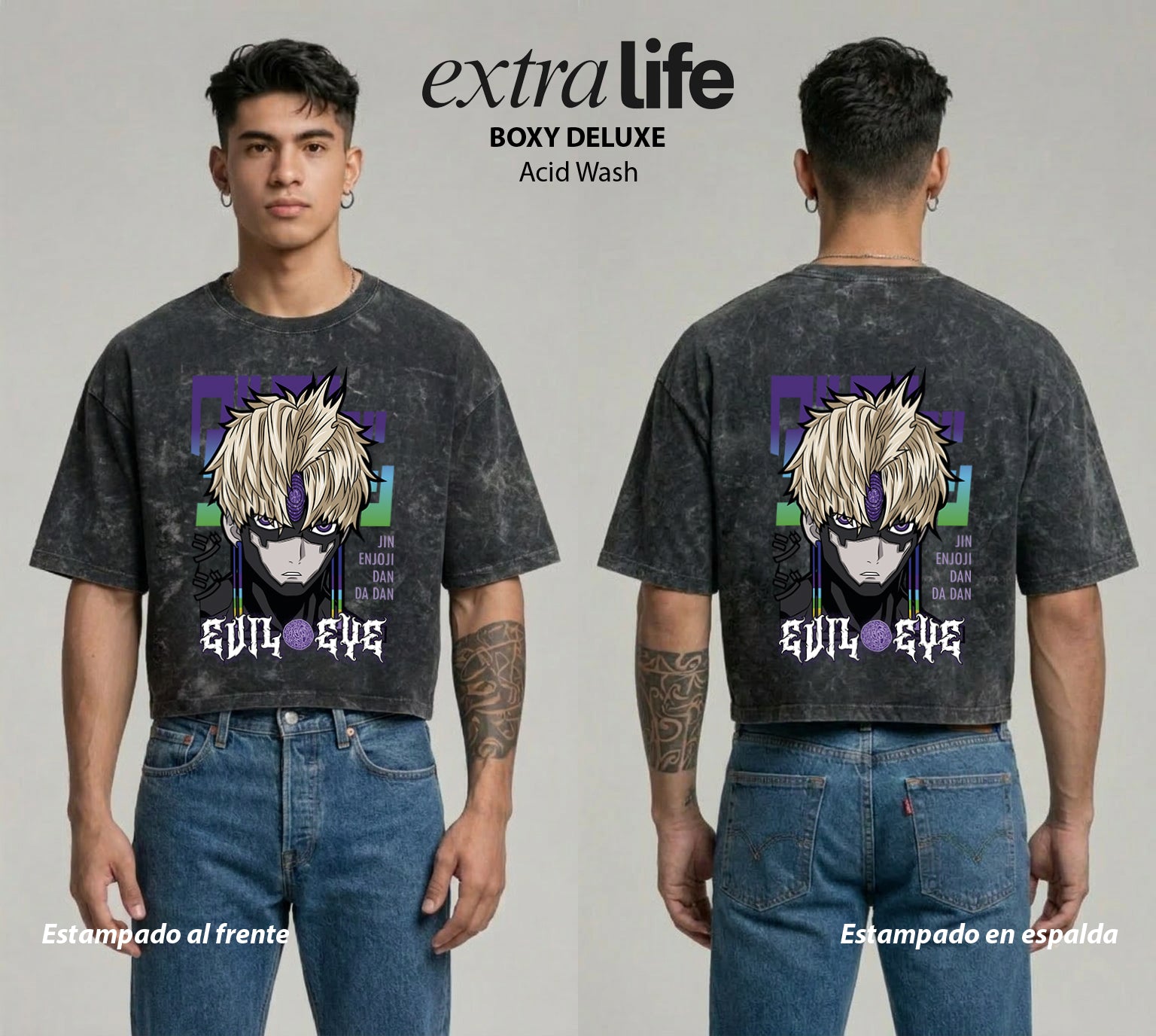 Playera streetwear premium de anime y gaming ExtraLife MX, corte boxy deluxe mineral wash heavyweight en color Acid Wash, moda urbana mexicana de culto.