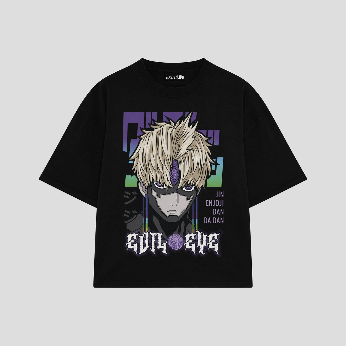 Playera streetwear premium de anime y gaming ExtraLife MX, corte oversized drop shoulder ligero y fresco en color Deep Black y Off-White, moda urbana mexicana de culto.