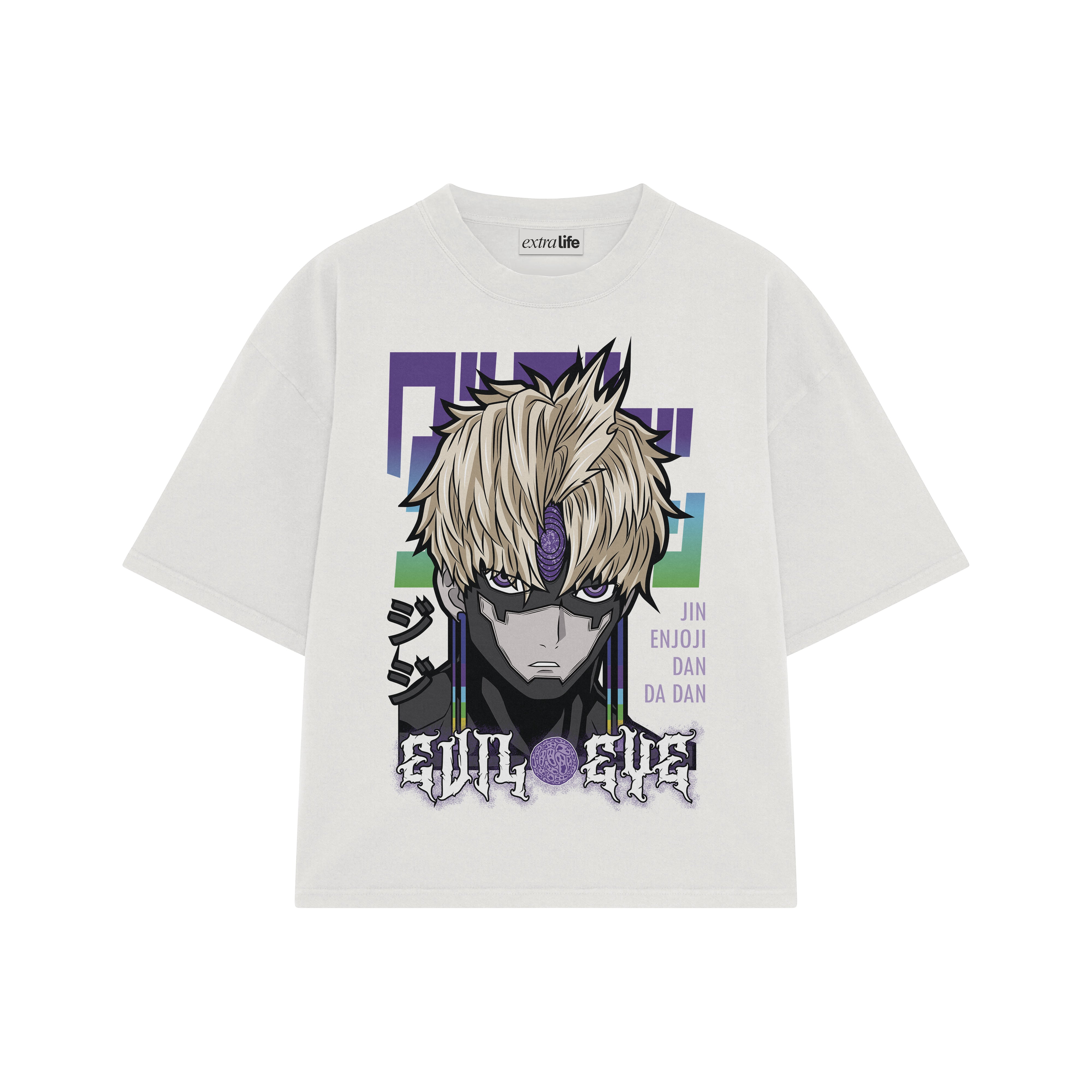 Playera streetwear premium de anime y gaming ExtraLife MX, corte boxy oversized drop shoulder heavyweight en color Deep Black y Off-White, moda urbana mexicana de culto.