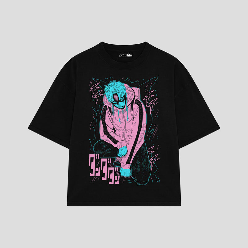 Playera streetwear premium de anime y gaming ExtraLife MX, corte boxy oversized drop shoulder heavyweight en color Deep Black y Off-White, moda urbana mexicana de culto.