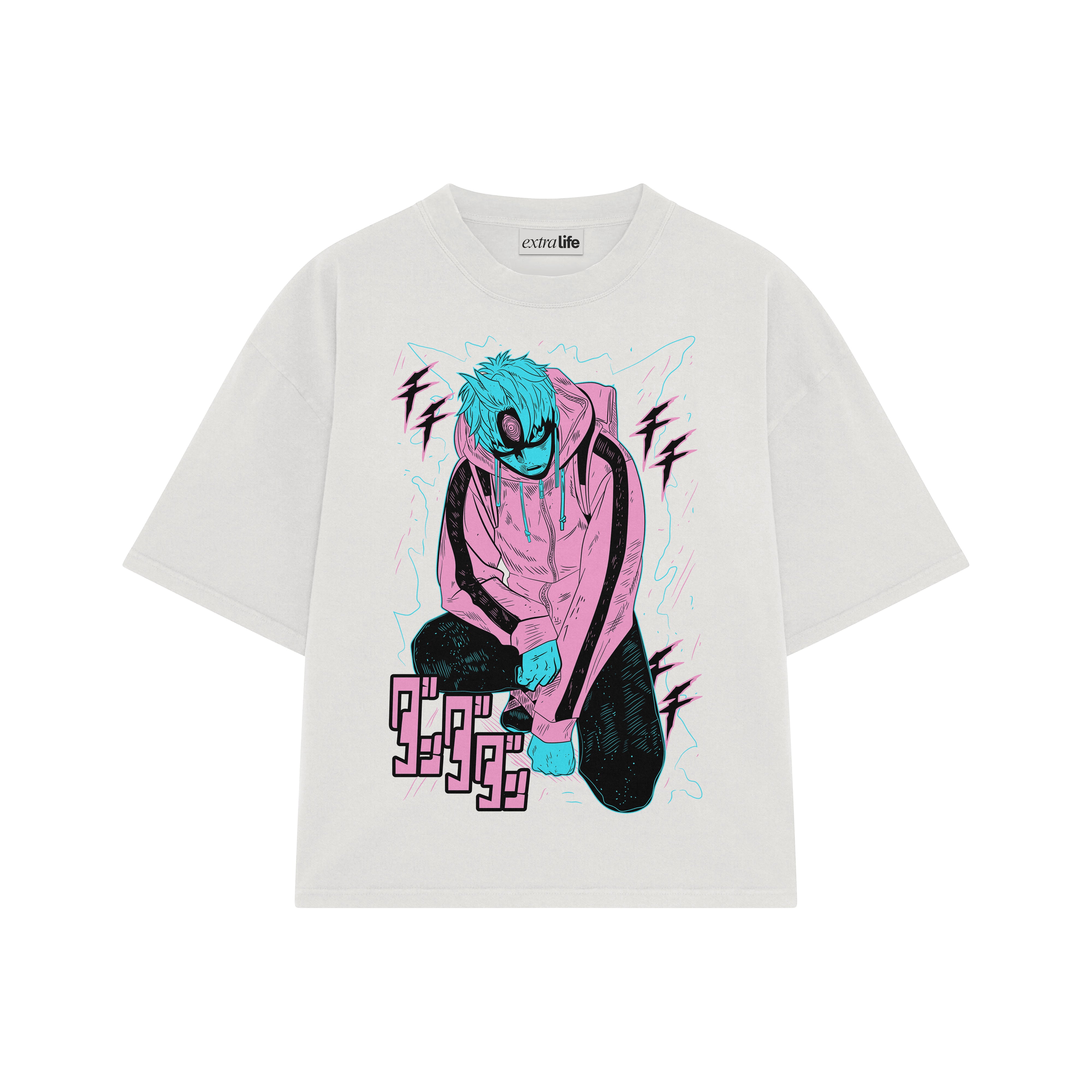 Playera streetwear premium de anime y gaming ExtraLife MX, corte boxy oversized drop shoulder heavyweight en color Deep Black y Off-White, moda urbana mexicana de culto.