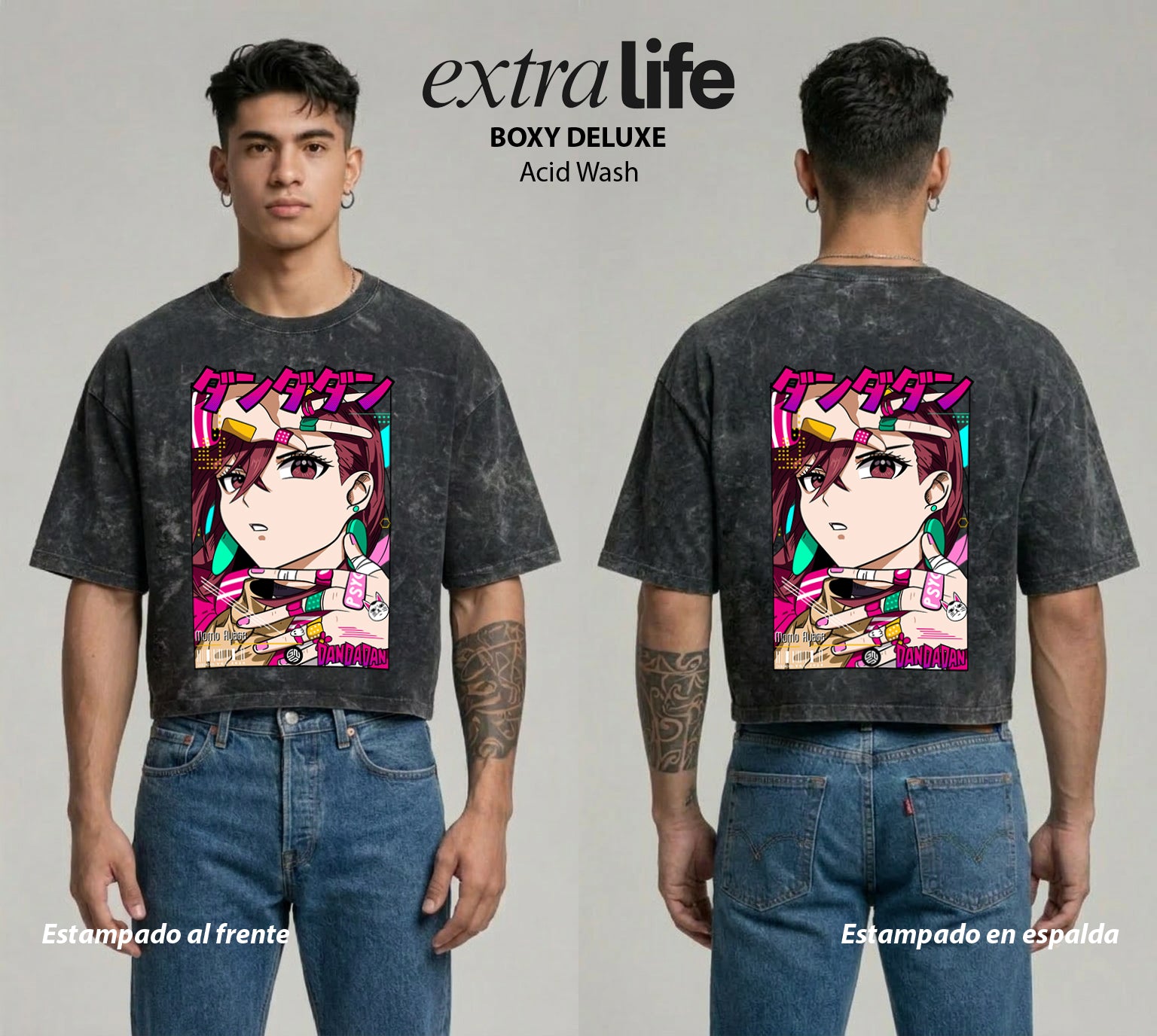 Playera streetwear premium de anime y gaming ExtraLife MX, corte boxy deluxe mineral wash heavyweight en color Acid Wash, moda urbana mexicana de culto.