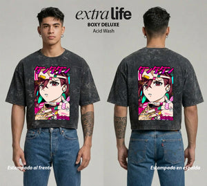 Playera streetwear premium de anime y gaming ExtraLife MX, corte boxy deluxe mineral wash heavyweight en color Acid Wash, moda urbana mexicana de culto.