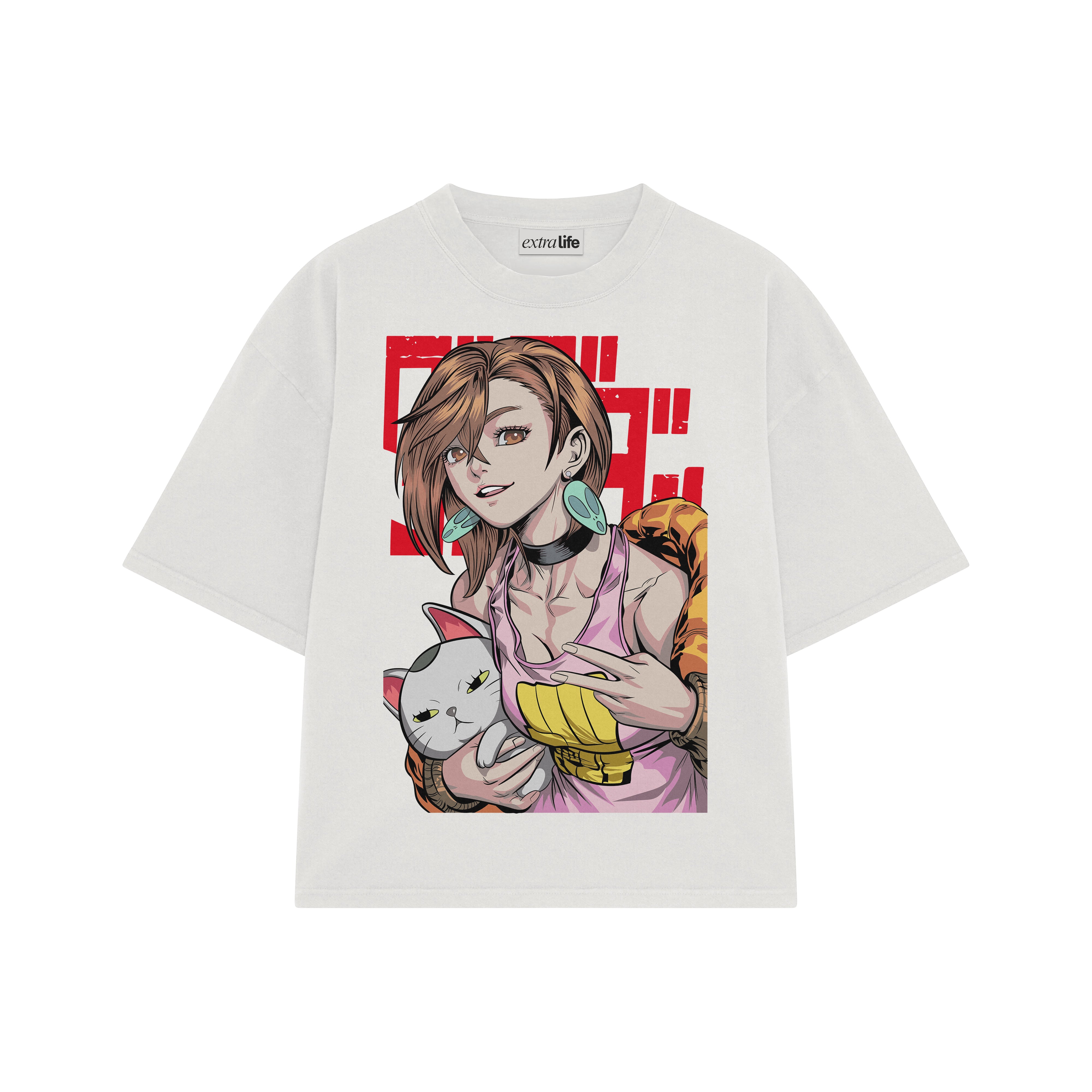 Playera streetwear premium de anime y gaming ExtraLife MX, corte boxy oversized drop shoulder heavyweight en color Deep Black y Off-White, moda urbana mexicana de culto.