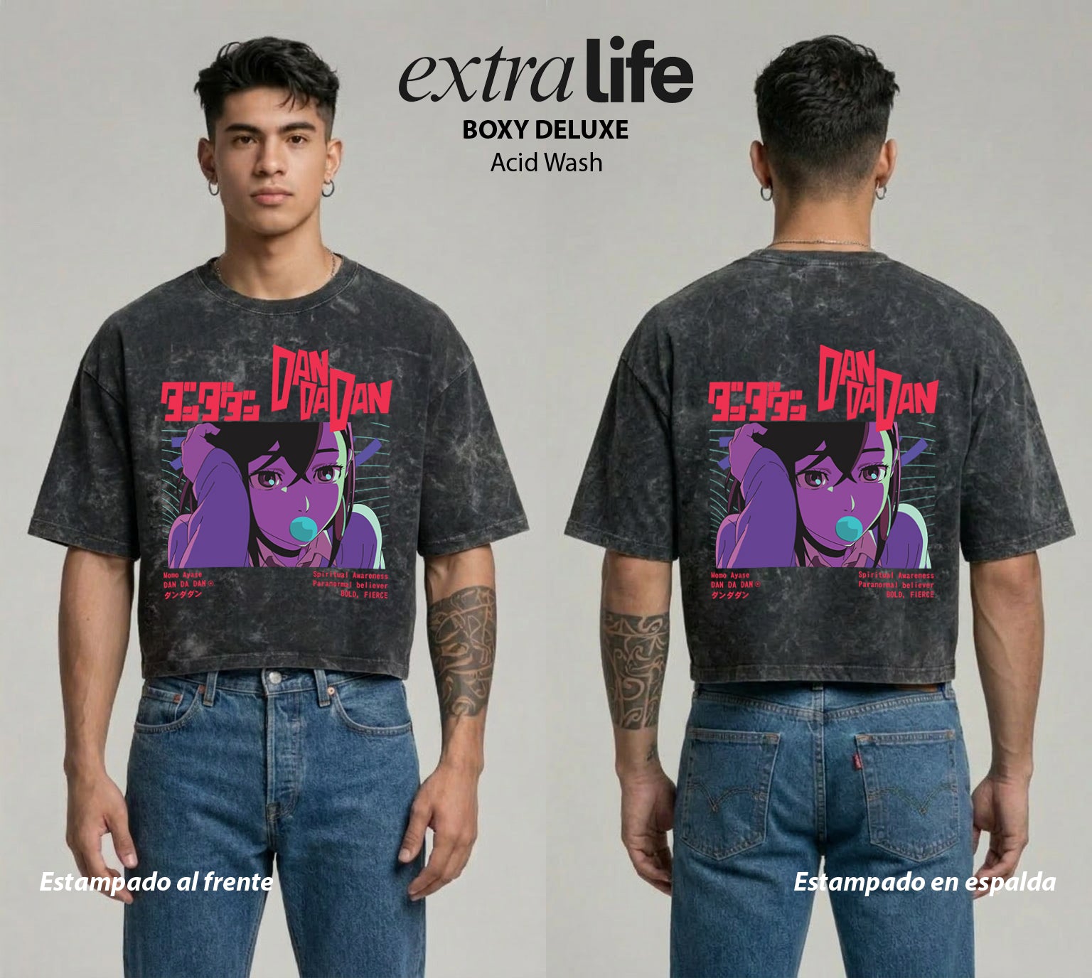 Playera streetwear premium de anime y gaming ExtraLife MX, corte boxy deluxe mineral wash heavyweight en color Acid Wash, moda urbana mexicana de culto.