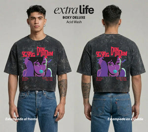Playera streetwear premium de anime y gaming ExtraLife MX, corte boxy deluxe mineral wash heavyweight en color Acid Wash, moda urbana mexicana de culto.