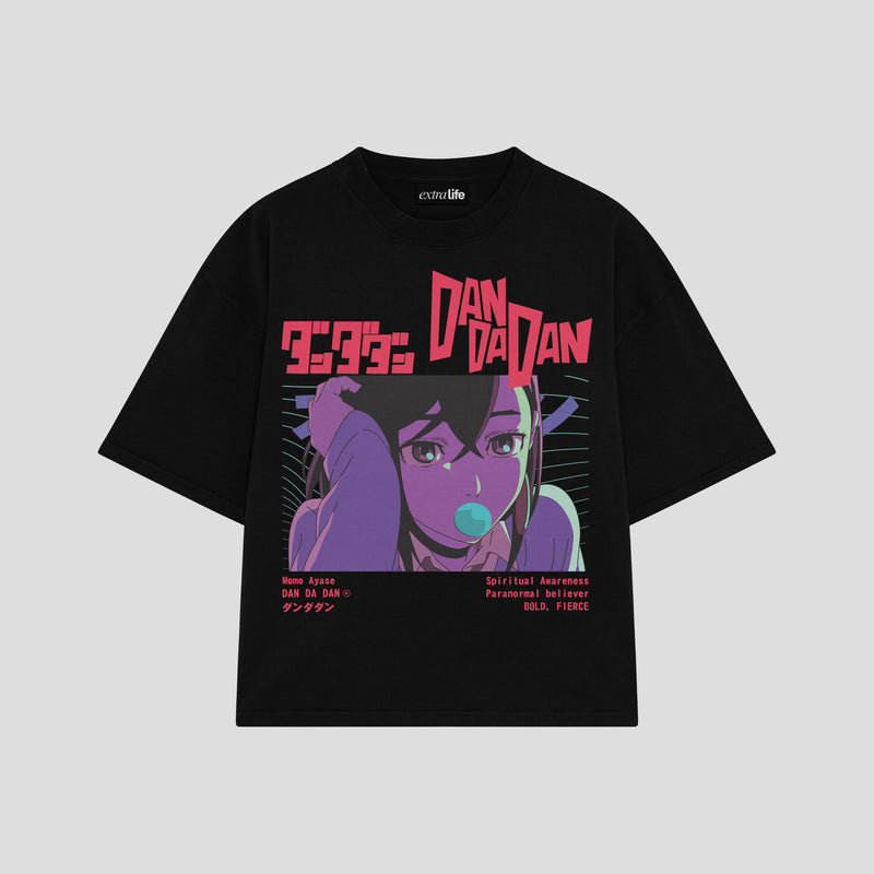 Playera streetwear premium de anime y gaming ExtraLife MX, corte boxy oversized drop shoulder heavyweight en color Deep Black y Off-White, moda urbana mexicana de culto.