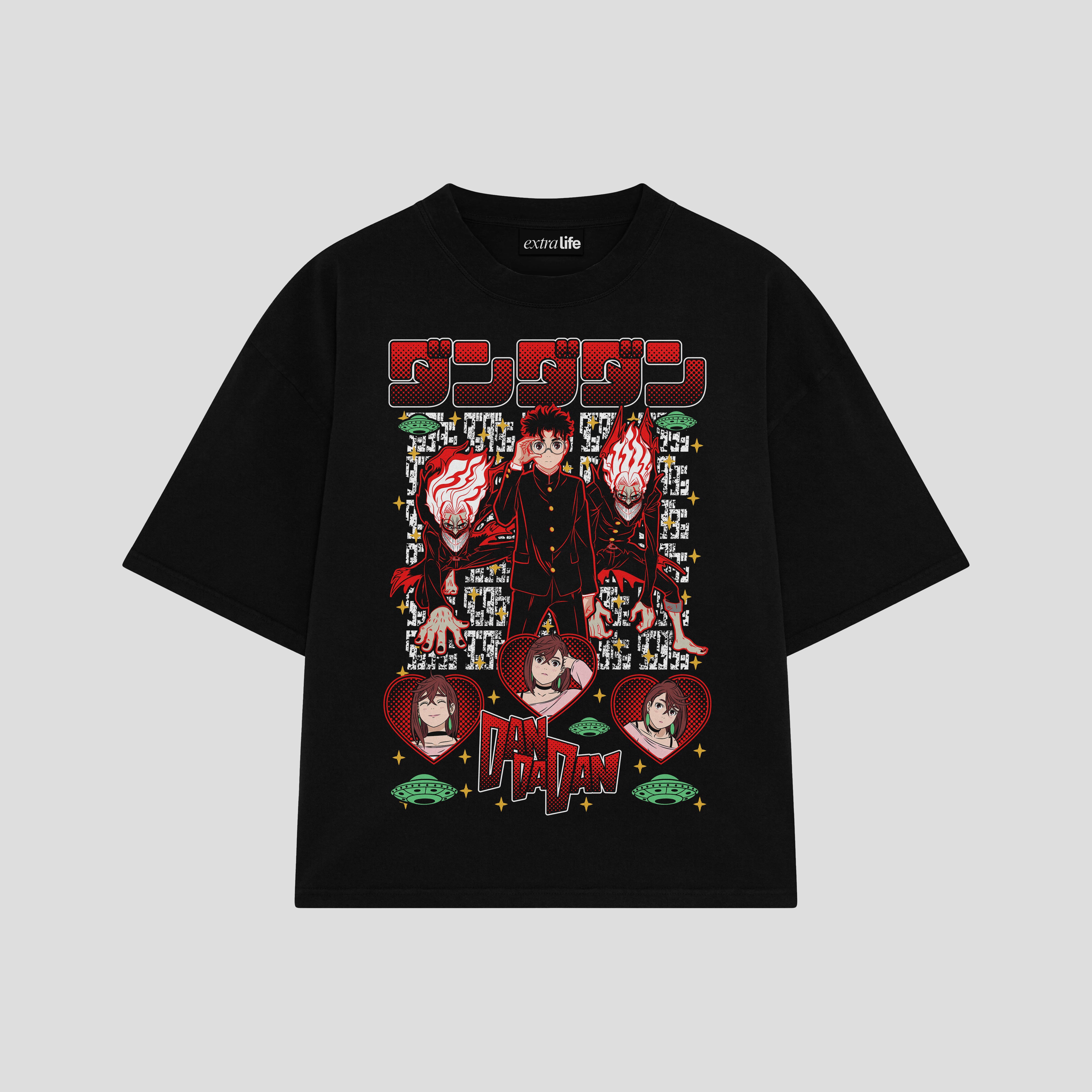 Playera streetwear premium de anime y gaming ExtraLife MX, corte boxy oversized drop shoulder heavyweight en color Deep Black y Off-White, moda urbana mexicana de culto.