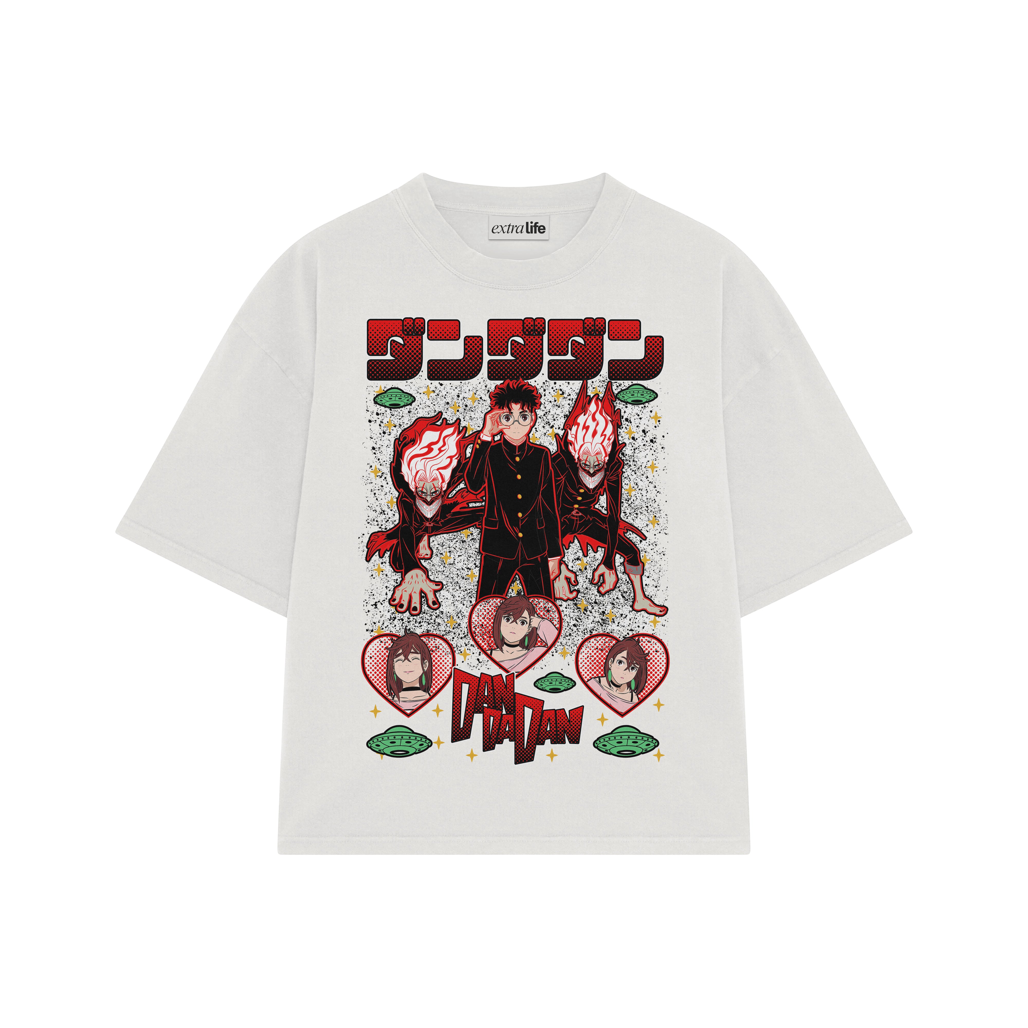 Playera streetwear premium de anime y gaming ExtraLife MX, corte boxy oversized drop shoulder heavyweight en color Deep Black y Off-White, moda urbana mexicana de culto.