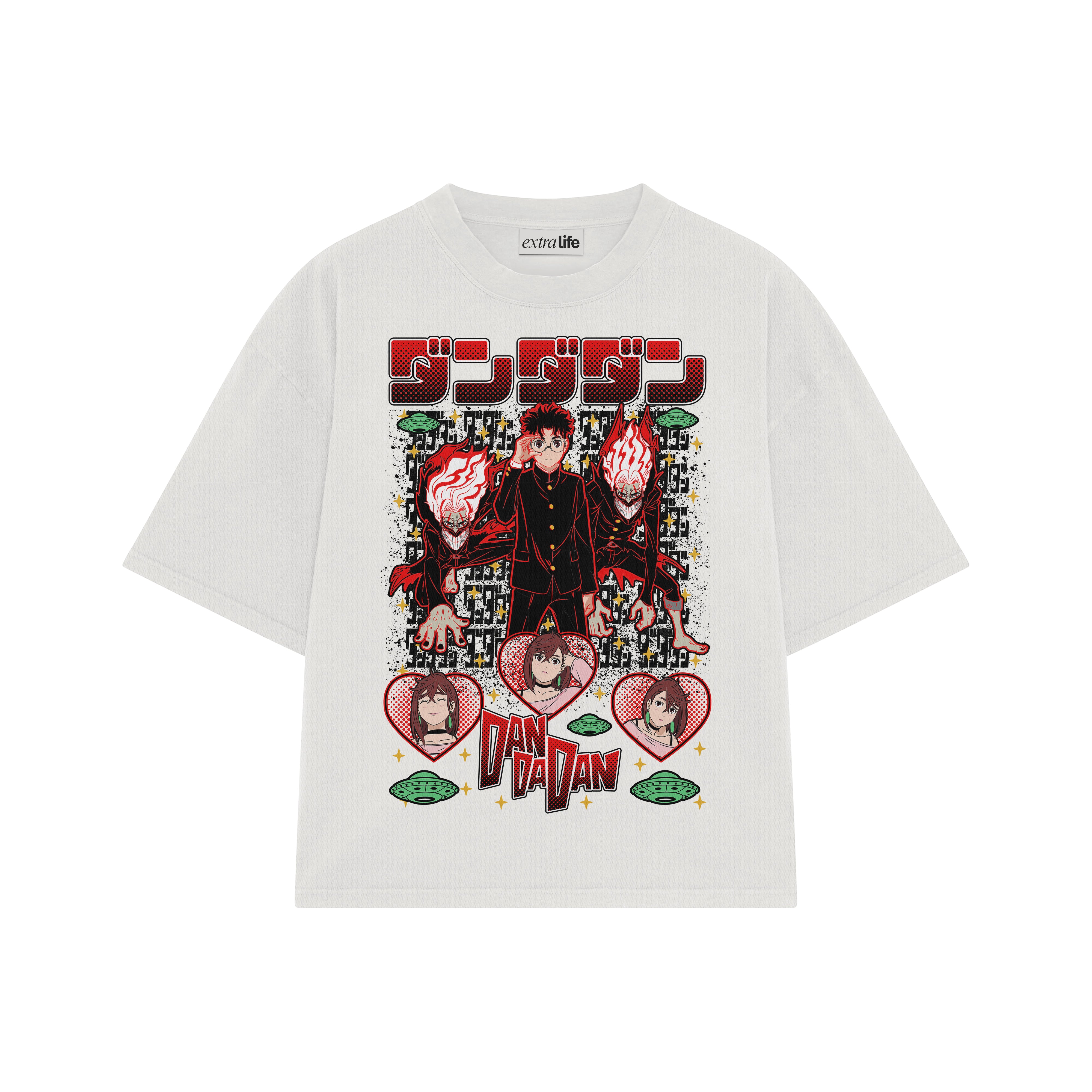 Playera streetwear premium de anime y gaming ExtraLife MX, corte boxy oversized drop shoulder heavyweight en color Deep Black y Off-White, moda urbana mexicana de culto.