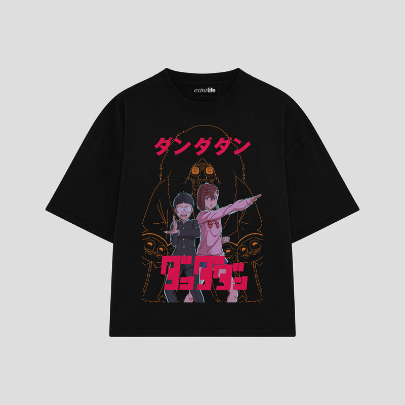 Playera streetwear premium de anime y gaming ExtraLife MX, corte boxy oversized drop shoulder heavyweight en color Deep Black y Off-White, moda urbana mexicana de culto.