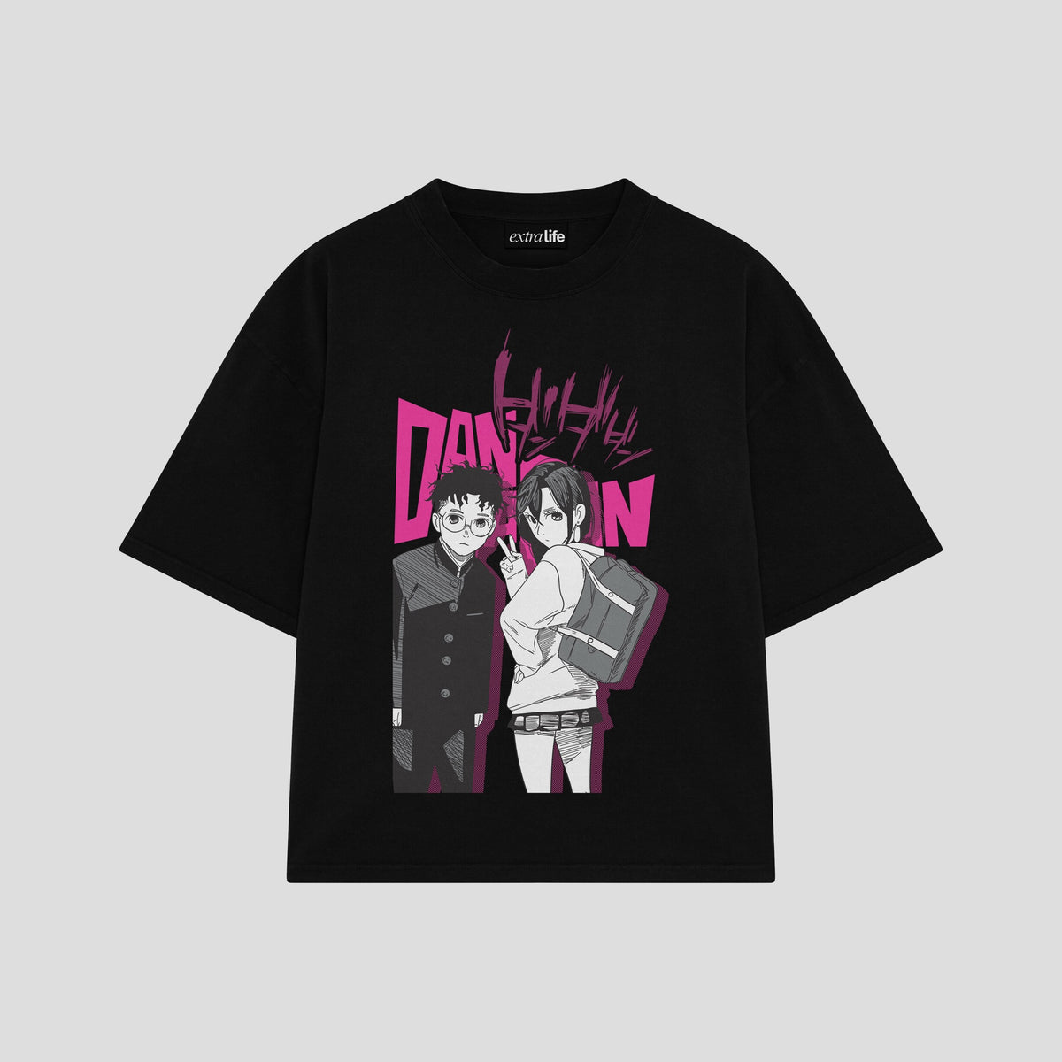 Playera streetwear premium de anime y gaming ExtraLife MX, corte oversized drop shoulder ligero y fresco en color Deep Black y Off-White, moda urbana mexicana de culto.