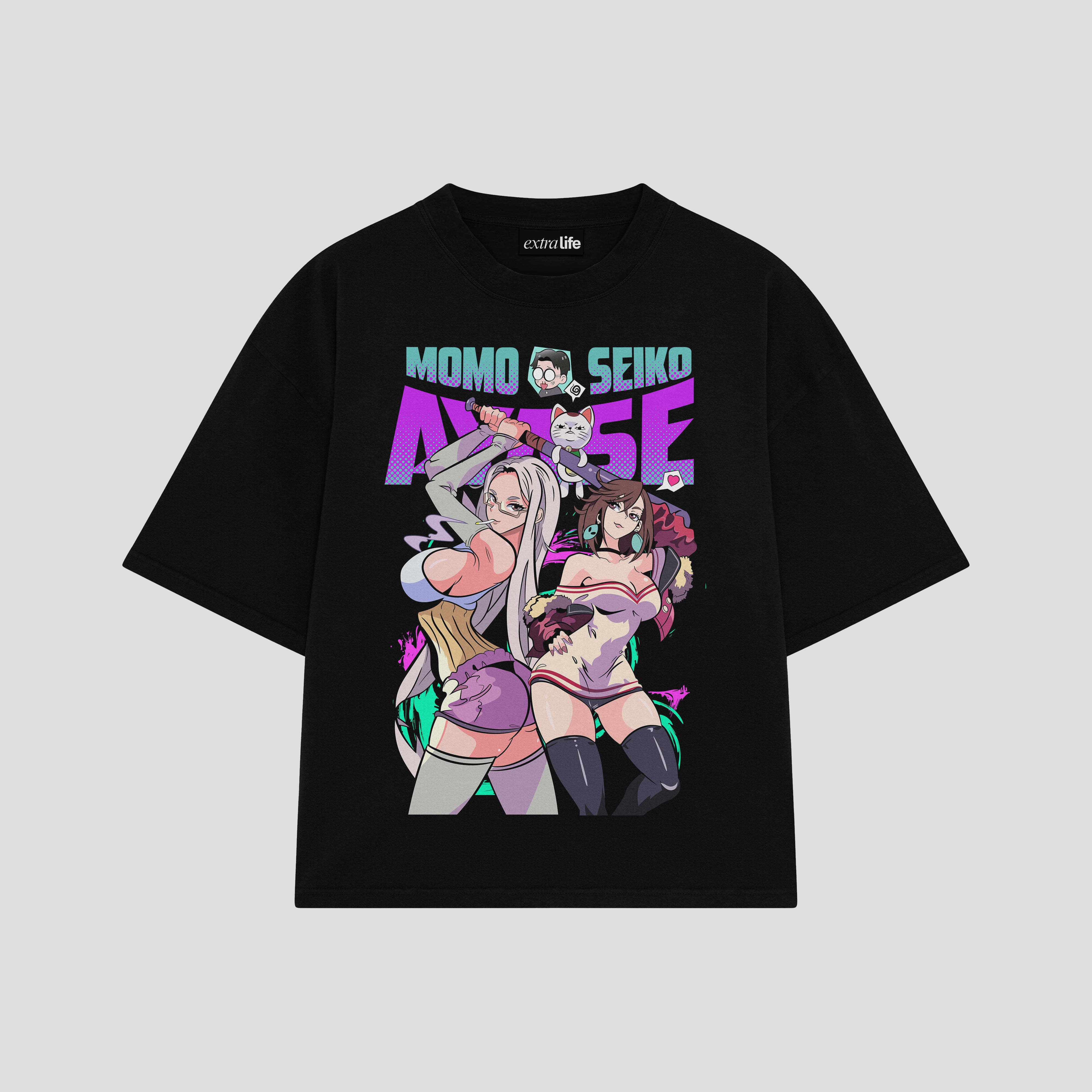 Playera streetwear premium de anime y gaming ExtraLife MX, corte boxy oversized drop shoulder heavyweight en color Deep Black y Off-White, moda urbana mexicana de culto.