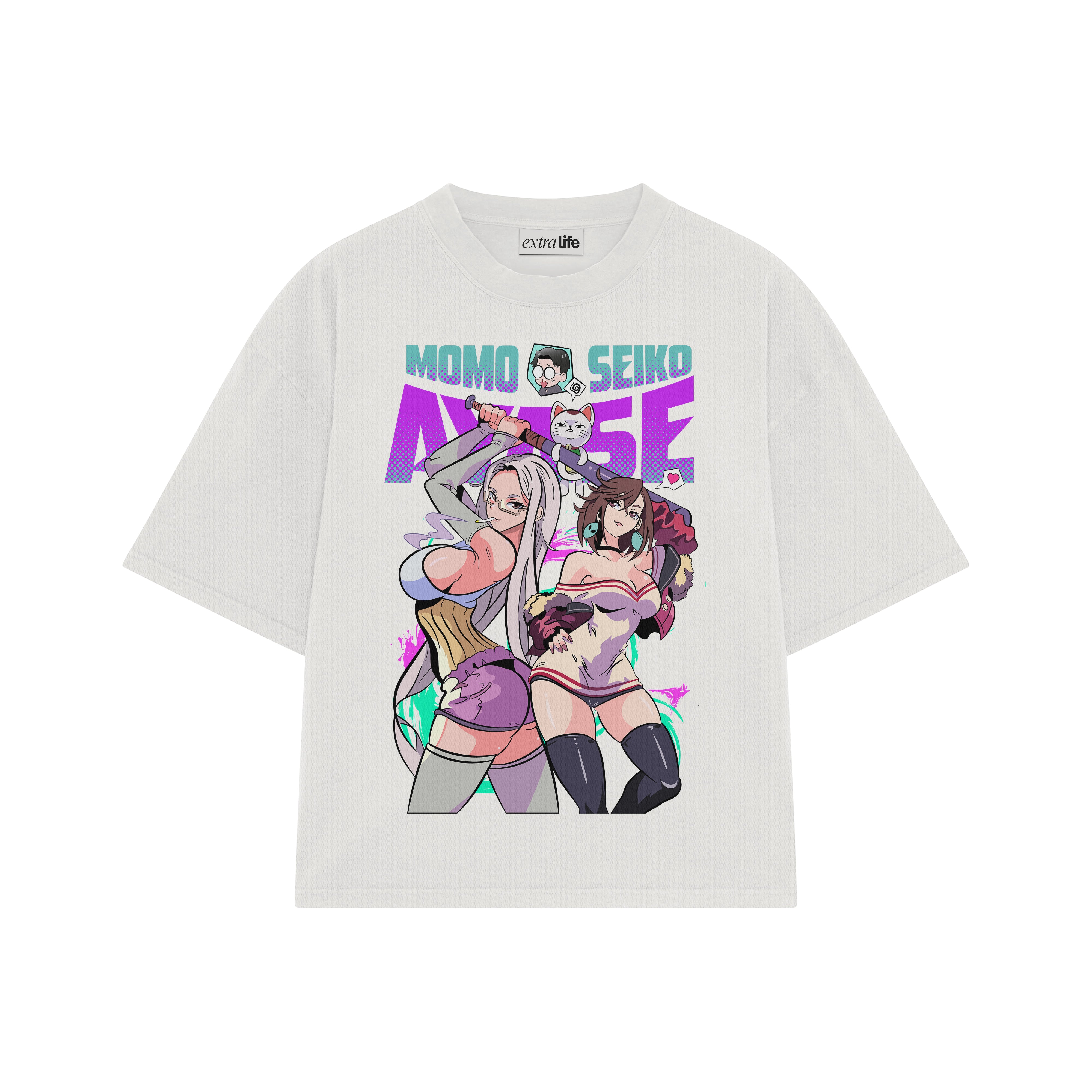 Playera streetwear premium de anime y gaming ExtraLife MX, corte boxy oversized drop shoulder heavyweight en color Deep Black y Off-White, moda urbana mexicana de culto.