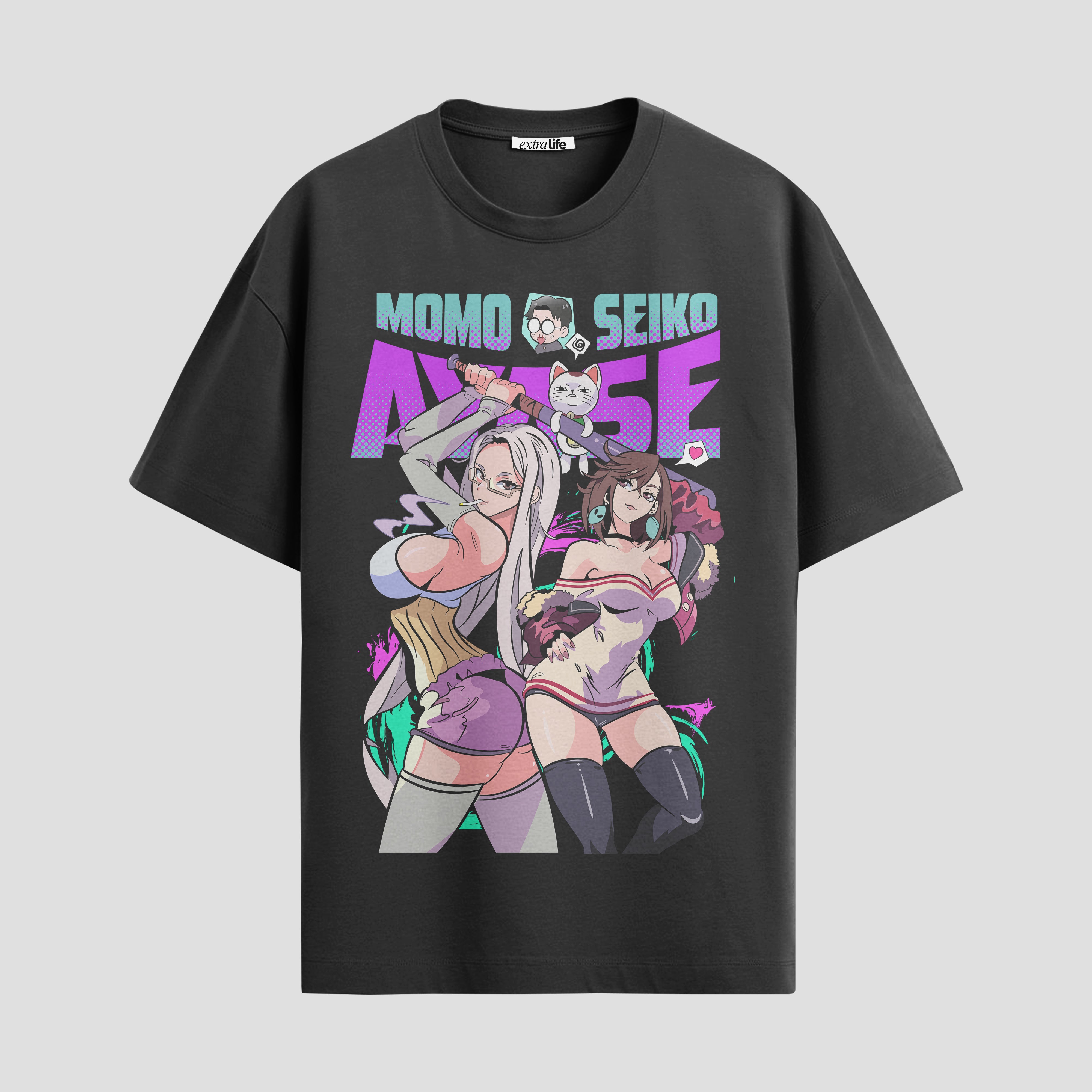 Playera urbana de anime y gaming ExtraLife MX, corte Standard Fit unisex ligero y transpirable en color Deep Black y Pure White, ropa de uso diario para gym y casual.