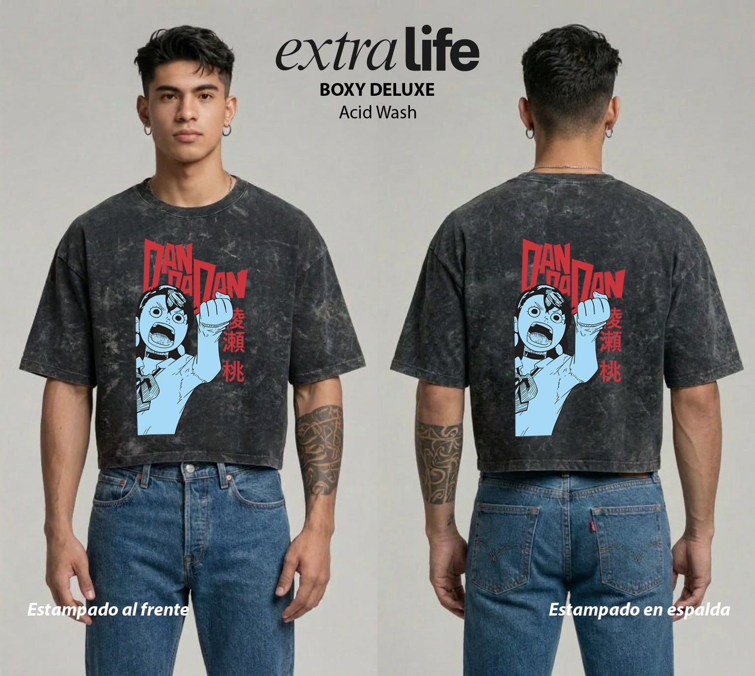 Playera streetwear premium de anime y gaming ExtraLife MX, corte boxy deluxe mineral wash heavyweight en color Acid Wash, moda urbana mexicana de culto.