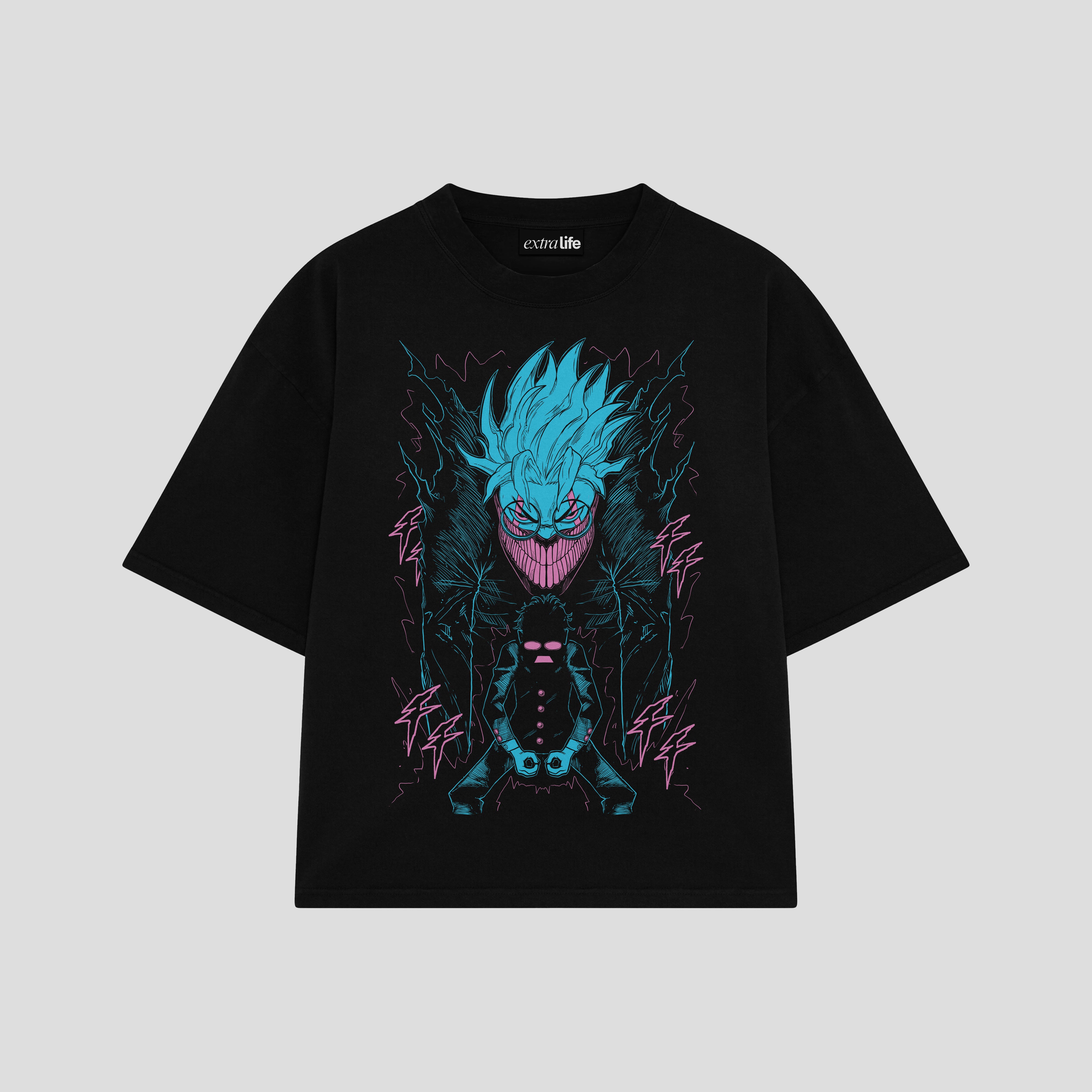 Playera streetwear premium de anime y gaming ExtraLife MX, corte boxy oversized drop shoulder heavyweight en color Deep Black y Off-White, moda urbana mexicana de culto.