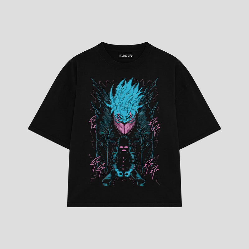 Playera streetwear premium de anime y gaming ExtraLife MX, corte boxy oversized drop shoulder heavyweight en color Deep Black y Off-White, moda urbana mexicana de culto.