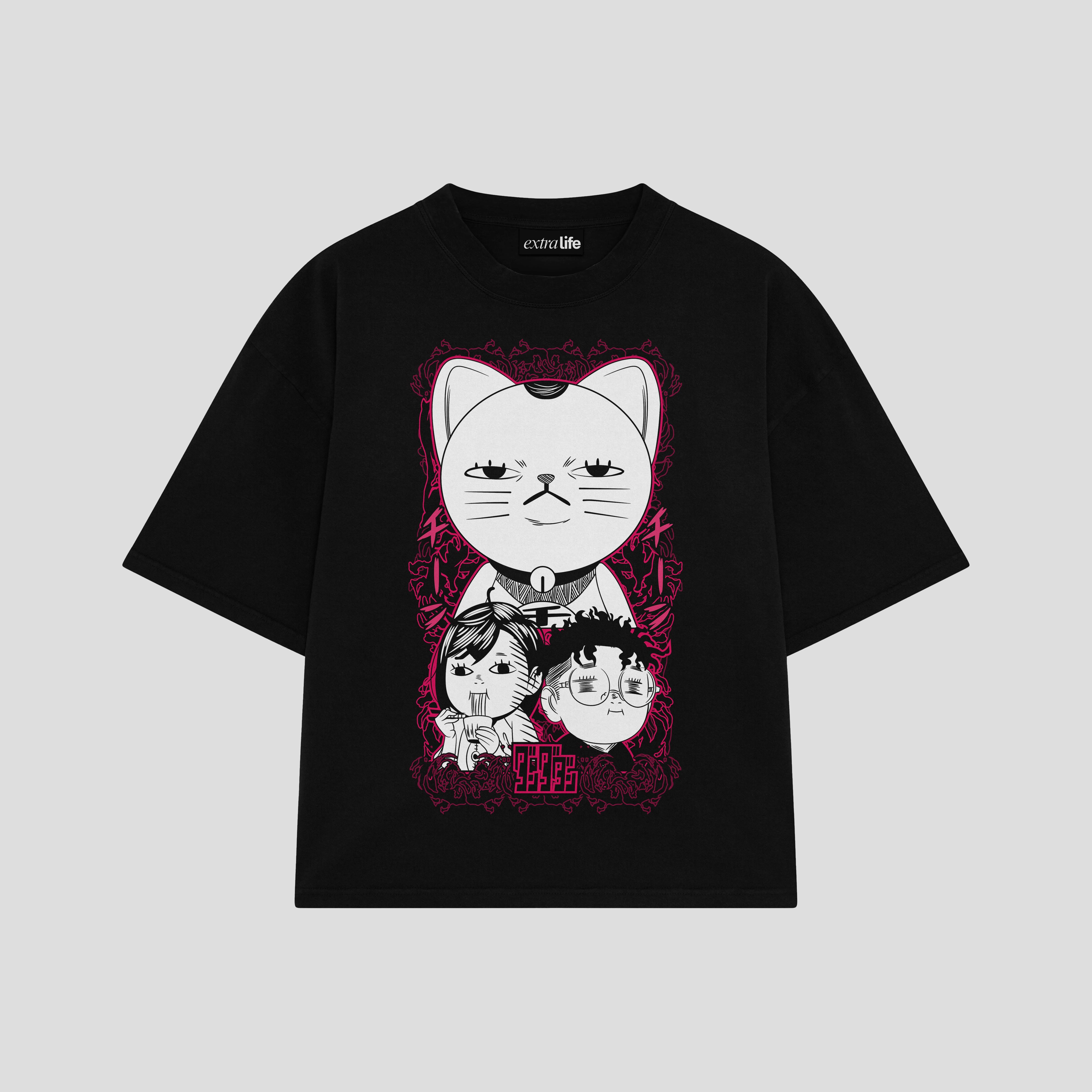 Playera streetwear premium de anime y gaming ExtraLife MX, corte boxy oversized drop shoulder heavyweight en color Deep Black y Off-White, moda urbana mexicana de culto.