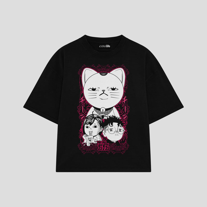 Playera streetwear premium de anime y gaming ExtraLife MX, corte boxy oversized drop shoulder heavyweight en color Deep Black y Off-White, moda urbana mexicana de culto.