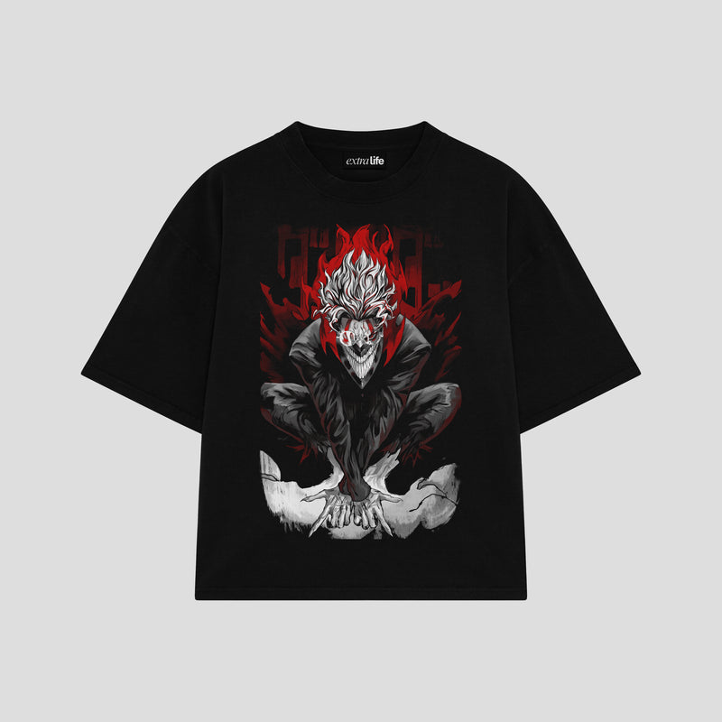 Playera streetwear premium de anime y gaming ExtraLife MX, corte boxy oversized drop shoulder heavyweight en color Deep Black y Off-White, moda urbana mexicana de culto.