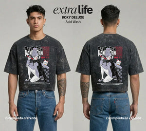 Playera streetwear premium de anime y gaming ExtraLife MX, corte boxy deluxe mineral wash heavyweight en color Acid Wash, moda urbana mexicana de culto.