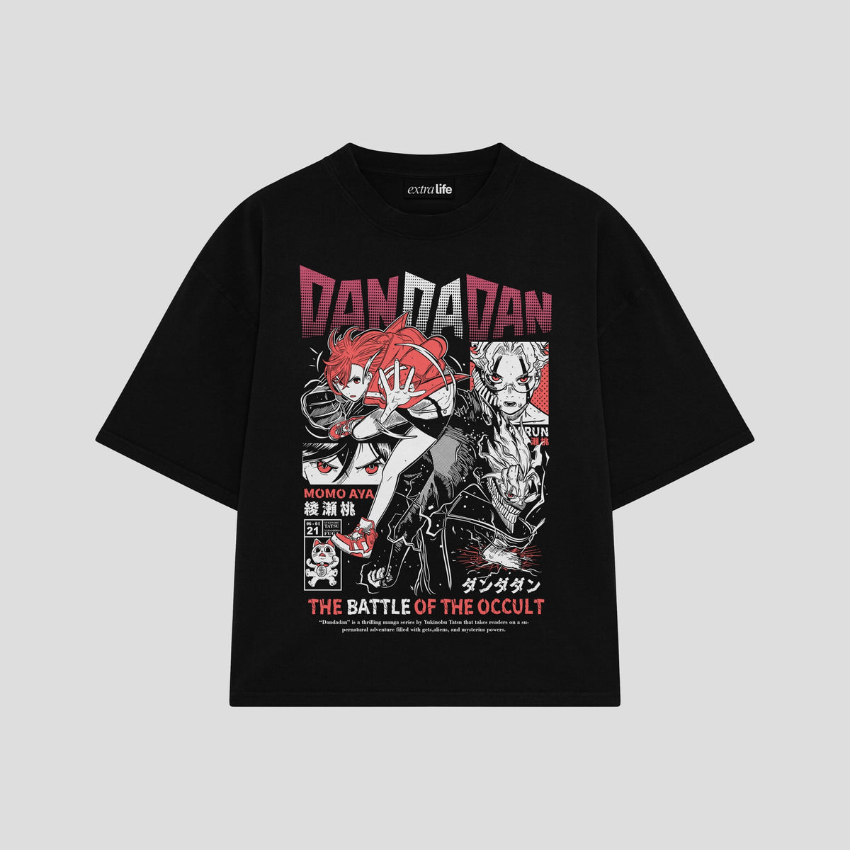 Playera streetwear premium de anime y gaming ExtraLife MX, corte oversized drop shoulder ligero y fresco en color Deep Black y Off-White, moda urbana mexicana de culto.