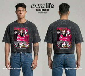 Playera streetwear premium de anime y gaming ExtraLife MX, corte boxy deluxe mineral wash heavyweight en color Acid Wash, moda urbana mexicana de culto.